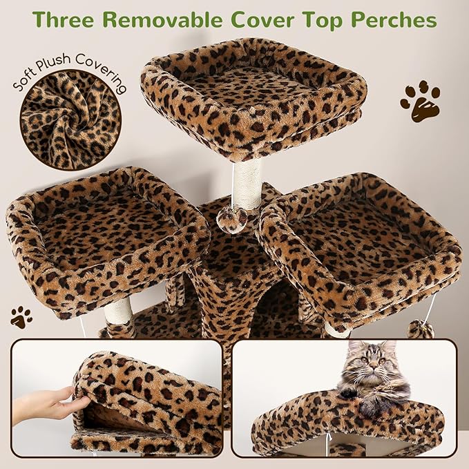 Globlazer Big Cat Tower for Indoor Cats, 80inch Cat Tower for Multiple Adult Cats XXL Cat Tree with Scratching Post, Hammock, 3 Perches, 2 Condos, 2 Hanging Basket, F80, Leopard Print