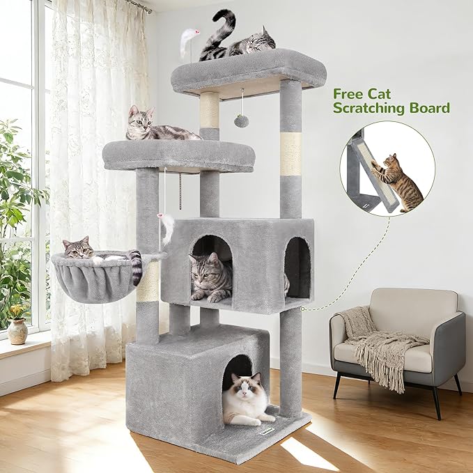 Globlazer Cat Tree Tower with Scratching Post for Indoor Cats, 55inch Tall Plush Multi-Level Cat Climbing Tower Condo House with Hanging Basket, 2 Spacious Cat Cave, F55, Beige (Light Gray)