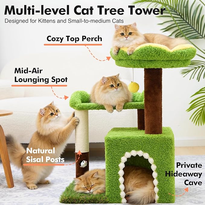 Flower Cat Tree with Cat Condo for Indoor Cats, 29" Cat Tower with Sisal Scratching Post and Top Perch, 3-in-1 Multi-Level Cat Tower for Small Cats and Kittens