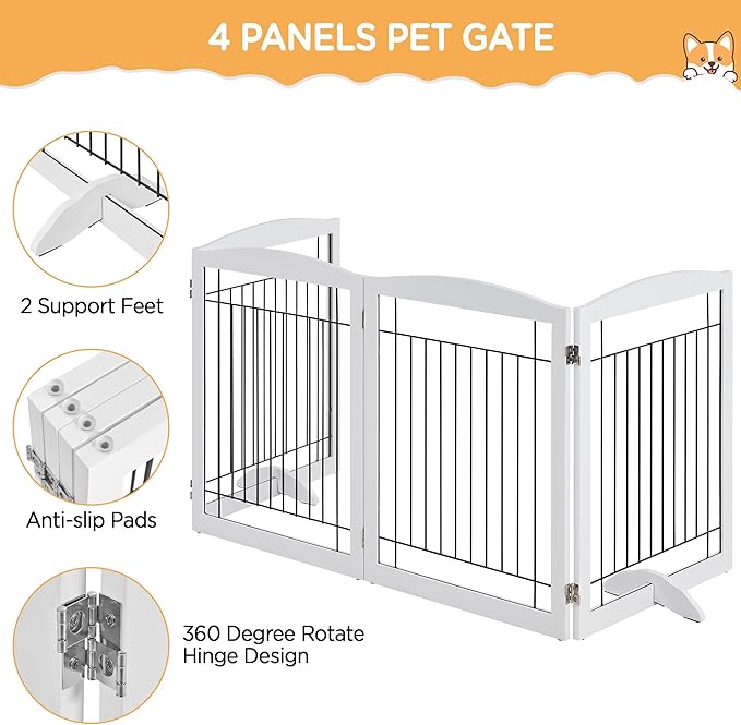 Yaheetech 32-inch Tall Dog Gate Extra Wide Pet Gate for Dogs Indoor Foldable Wire & Wooden Puppy Safety Fence w/2 Support Feet,Freestanding Dog Gate for The House, Doorway, Stairs(White,4 Panels)