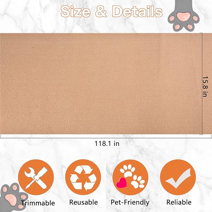 Cat Scratching Mat - 118"x16" Trimmable Cat Scratching Carpet Mat, Large Self-Adhesive DIY Cat Scratch Mat Roll, Cat Tree Shelves Replacement Mat Pad, Couch Furniture Protector, Toy Ball&Strong Tape