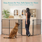 No Pawblems Free Standing Dog Gate with Door, 36'' Tall Foldable Dog Fence for Indoor & Outdoor, Up to 104 Inch Extra Wide Puppy Gate for Stairs, Hallways, Doorways, Deck, Yard (Black, 4 Panels)