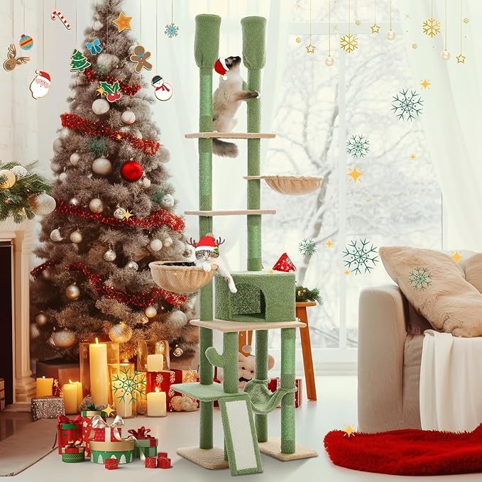 PAWZ Road Cactus Cat Tree, Floor to Ceiling Cat Tower with Adjustable Height(85-112 Inches), 7 Tiers Cat Climbing Tree with Cozy Hammocks and Condos, 5 Platforms, Scratching Posts for Indoor Cats
