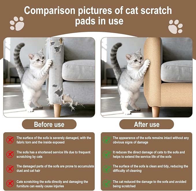 Cat Scratch Mat for Couch, Wall & Cat Tree - 78.7" Trimmable Self-Adhesive Cat Scratcher, Cat Scratch Furniture Protector, Felt Alternative to Sisal, DIY Cat Tower Replacement, 2 Pack(Khaki)