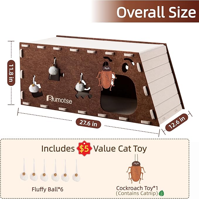 Felt Cat Cave House for Indoor Cats with Catnip Toy, Large Cat Bed Tunnel for Scratching Play, No-Tool Assemble Warm Silent Cat House for Large Cats Up to 22lb, Durable and Washable, Coffee