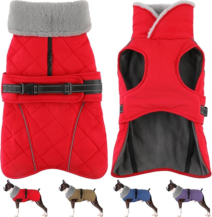 Dog Coat, Waterproof Dog Winter Jacket with Adjustable Buckle, Reflective Turtleneck Pet Snow Vest Warm Fleece Sweater for Small Medium Large Dogs - Red, 2XL
