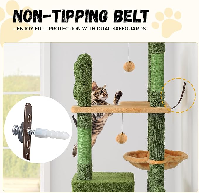 DWVO Cactus Cat Tree for Large Cats: 60" Tall with Self-Grooming Brush, Cute Kitten Climbing Tower for Indoor Kittens with Cat Condo, Top Perch, Basktet, Sisal Scratching Posts, Dangling Ball