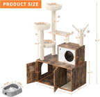 Modern Cat Tree with Hidden Litter Box Cabinet – Multi-Level Cat Condo with Scratching Posts, Perches, Hammock & Basket, Brown