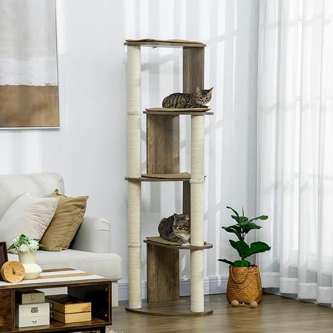 65" Corner Modern Cat Tree Tall for Climbing Large Multilevel Cat Tower with Scratching Posts Small-Fit Kitten Tower with Sisal Cream White