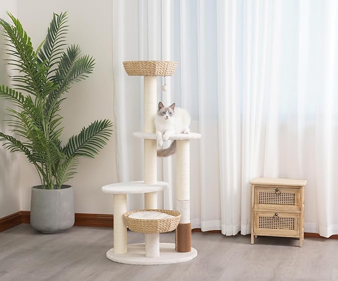 PetPals® Pharaoh 5-Level Cat Tree with Recycled Paper Rope Baskets, Sisal Scratching Posts, Teaser Toy, Massager, Eco-Friendly Boho Cat Furniture for Cats Up to 15 lbs