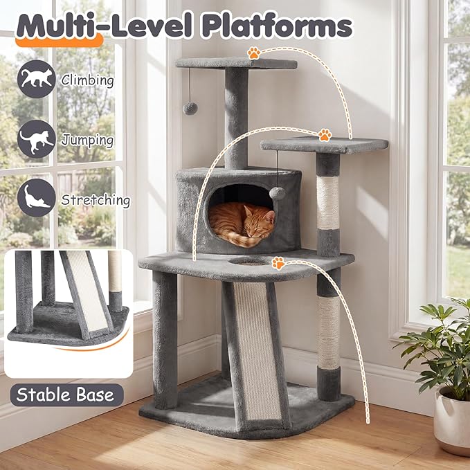 Tangkula Corner Cat Tree, Multi-Level Cat Tower with Top Perches & Cozy Condo, Natural Sisal Scratching Posts & Climbing Ladder, Playful Cat Hole & Hanging Balls, Climbing Play Center (Light Gray)