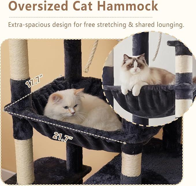 Heybly Heavy Duty Cat Tree, 64.2-Inch Tall Tower for Large Indoor Cats with Widened Structure, Cat Furniture with Big Platforms, Extra-Large Hammock, Sisal Scratching Posts & Board, Smoky Gray HCT027G