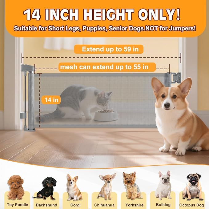 Short Dog Gate,14" Tall Gate to Step Over, Puppy Mesh Retractable Pet Gates Doggy Door for Doorways Stairs, Extends up to 55" Wide for Kitchen Hallways Indoor, Gray