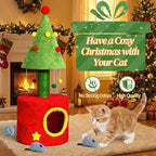 Christmas Themed 30in Cat Scratching Post with Cozy Hideaway Cat House - Small Cat Tree Tower for Indoor Kitten/Cat, Sisal Post, Interactive Hanging Balls, Festive Red & Green Home Decor