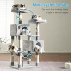 Hey-brother Large Multi-Level Cat Tree Condo Furniture with Sisal-Covered Scratching Posts, 2 Bigger Plush Condos, Perch Hammock for Kittens, Cats and Pets Light Gray MPJ020W