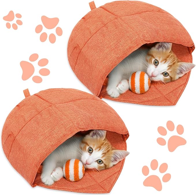 2 Pcs Cat Sleeping Bag, Linen Fabric Nest Cat Bed Cave Leaf Cuddle Covered Pet Hide Cozy Hood Burrowing Zone Soft Durable Washable with Nonslip Bottom for Indoor Puppy and Kitten(Orange)