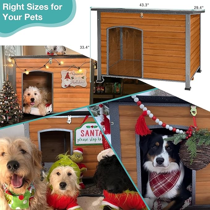 Indoor/Outdoor Dog House with Iron Frame - All-Weather Wooden Pet Shelter for Medium/Large Dogs (Grey, L)
