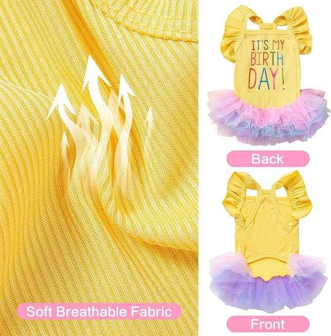 Dog Birthday Dress It's My Birthday Dog Dress Small Doggy Girl's Tutu Dresses Ruffle Sleeless Puppy Clothes Tulle Lace Skirt Pet Costume Cat Outfits (Yellow, XS(4-6.5lb))