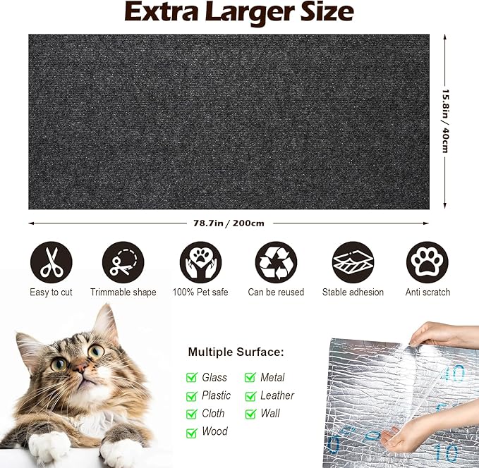 Cat Scratch Mat - 78.74"x15.74" Self-Adhesive Anti Scratching Pad for Couch, Trimmable DIY Cat Sofa Furniture Wall Cat Tower Protector, Replacement Pads for Pet Couch Protector from Claws Dark Gray