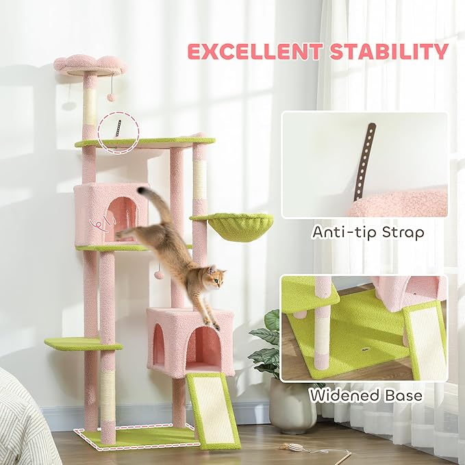 PawHut Flower Cat Tree, 74" Large Cat Tower for Indoor Kittens with 2 Spacious Condos, Sisal Scratching Posts, 2 Hanging Balls, Perches, Ramp, Bed, Pink