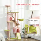 PawHut Flower Cat Tree, 74" Large Cat Tower for Indoor Kittens with 2 Spacious Condos, Sisal Scratching Posts, 2 Hanging Balls, Perches, Ramp, Bed, Pink