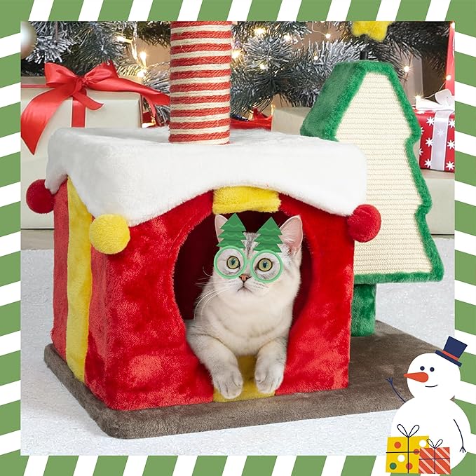 NUNU LAB Christmas Cat Tree, Multi-Level Cat Tower, Modern Cute Cats Tree, with Cat Condos, Sisal Ramp Scratching Posts, Cozy Basket, for Indoor Use (KM056)