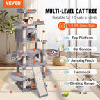 VEVOR Cat Tree for Indoor Cats, 68.5" Cat Tower with 2 Cat Condos, Sisal Scratching Post, Hammocks, Top Perches, Jumping Platforms and Ramp, Cat Furniture Activity Center with Hang Balls, Light Grey
