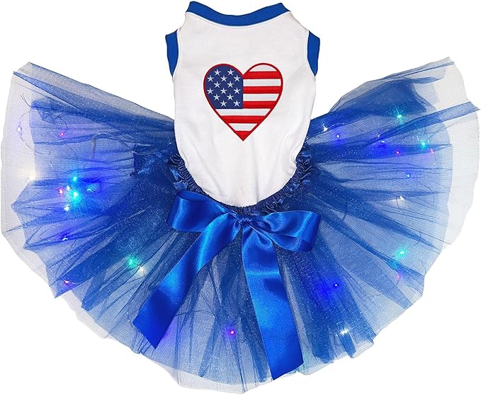 Petitebella USA Heart Puppy Dog Dress (White/Blue LED, Small)