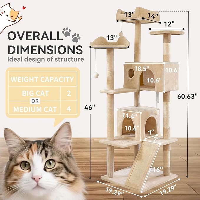 Pawly 60.63" Large Cat Tree with 2 Condos & Sisal Ramp, Premium CARB P2-Compliant Particle Board, 350G Plush Sturdy Cat Tower for Large Breeds, Senior Cats & Multi-Cat Household, Beige