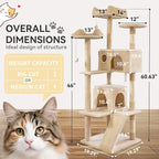 Pawly 60.63" Large Cat Tree with 2 Condos & Sisal Ramp, Premium CARB P2-Compliant Particle Board, 350G Plush Sturdy Cat Tower for Large Breeds, Senior Cats & Multi-Cat Household, Beige