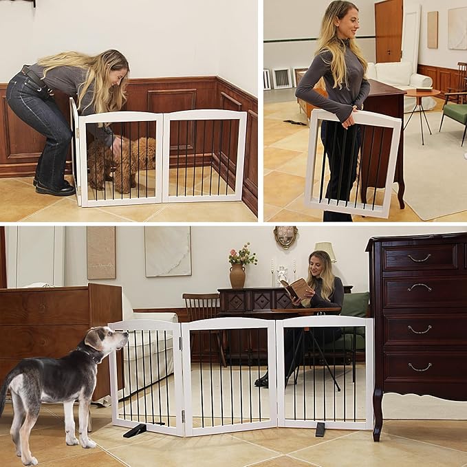 Freestanding Panel Dog Gate for Indoor, Doorways,Stairs, or Hallways,Foldable Wooden Dog Fence for House,Pet Gate for Dogs, Puppy Gate,Support Feet Included,24 "Height-3 Panels,White