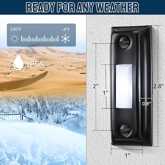 Dreyoo Metal Doorbell Push Button, Heavy Duty Metal Door Bell Wired Button LED Lighted Wall Mounted Door Bell Push Buttons for Home Universal Garage Opener Switch Property in Copyright(Black)