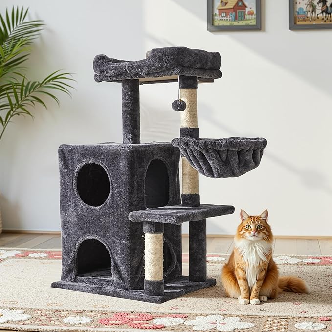 Medium Cat Tree with Scratching Posts, Cat Bed, Hammocks & Condos – Multi-Level Cat Tower for Playful Cats, 36" Modern Jungle Gym, Dark Grey