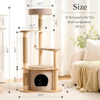 797Audio Modern Wood Cat Tree Tower, 46" Aesthetic Cat Tree with Natural Pine Wood Scratching Posts and Condo for Adult Cats, Solid Rubber Wooden & Linen Cat Tree,Multi-Level Tree for Indoor Cat
