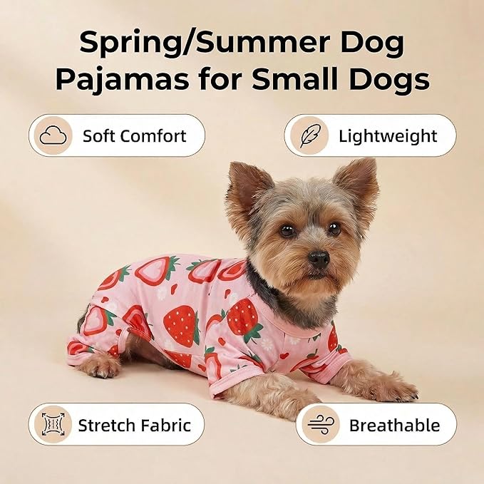 Dog Pajamas Spring Summer Dog Clothes for Small Medium Dogs Strawberry Print Girl Boy Cute Soft Puppy Pjs Clothes Doggie Onesies Cat Pet Jammies Outfit(Strawberry,XL)