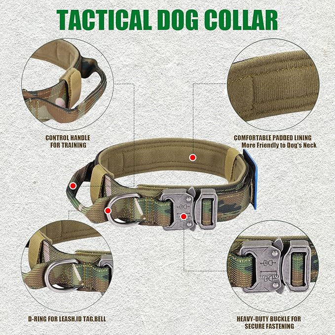Tactical Military Dog Collar - Adjustable Nylon, Heavy Duty Metal Buckle With Handle for Training, With Patches (Camo, L)