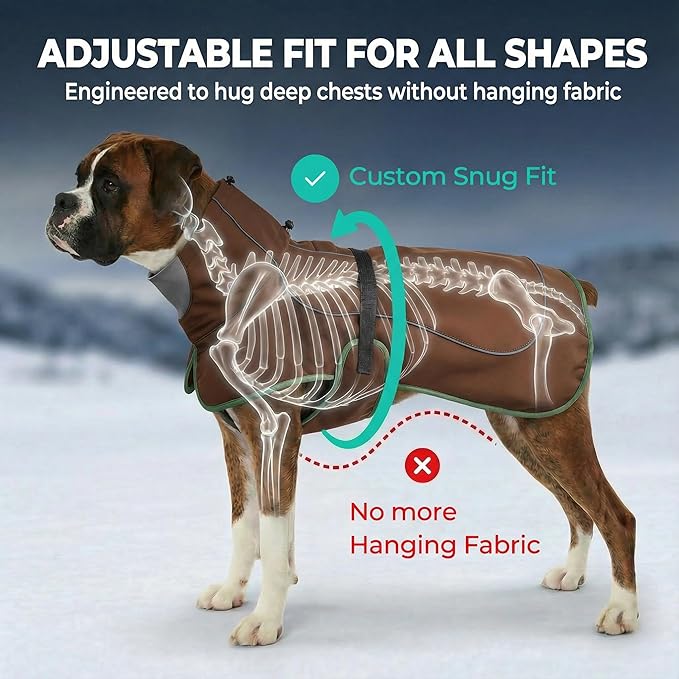 Softshell Dog Winter Vest, Fleece Lined Water-Repellent Jacket with Fur-Safe Buckle (No Hook & Loop) for Hiking, Adjustable Reflective Winter Coat for Active Dogs (Brown, Large)