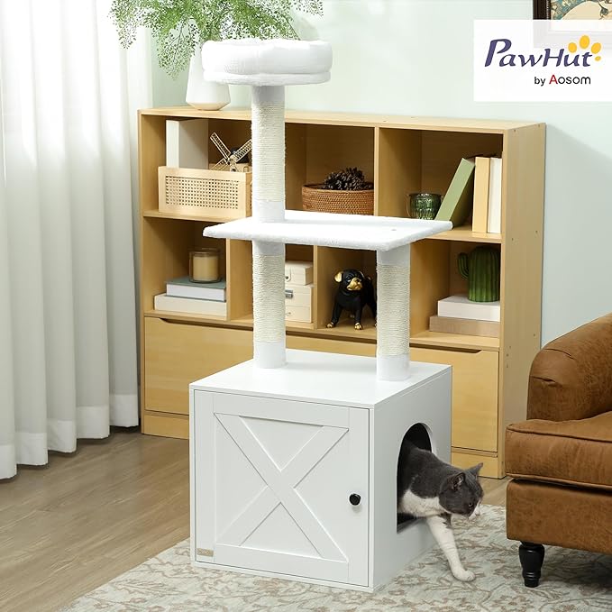 PawHut Cat Tree with Litter Box Enclosure, 2-in-1 Cat Tower with Bed, Climbing Platforms, Scratching Posts, Modern Pet Furniture for Indoor Kittens, White