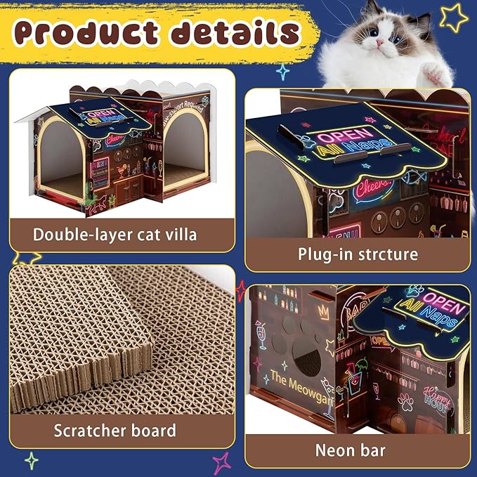 2 Story Cardboard Cat House with Scratcher Pad for Small Kitten,17x12x10 Multi Level Durable Cat Condo & Villa for Bunny Rabbit Small Animals Christmas Birthday Gift(Bar)