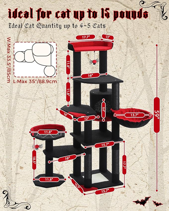 59" Gothic Cat Tree with Coffin Bed-Black Cat Tower for Indoor Cats with Spacious Cat Condo & Cozy Hammock, Spider Hanging Balls, Sisal Scratching Post and 2 Spooky Perches for Halloween