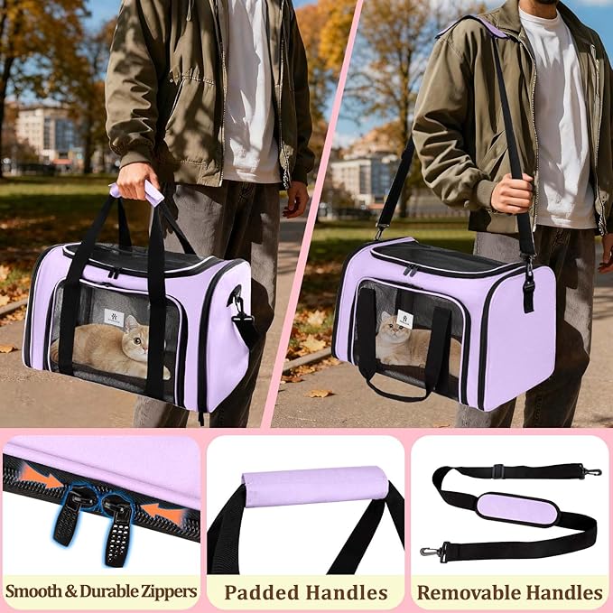 Cat Carrier Dog Carrier - Soft-Sided Cat Carrier with Plush Pad & Cooling Mat, Easy-Load 4-Side Zipper & 3-Side Mesh Ventilation, Pet Carrier Airline Approved for Cats/Dogs Up to 16 lbs, Purple