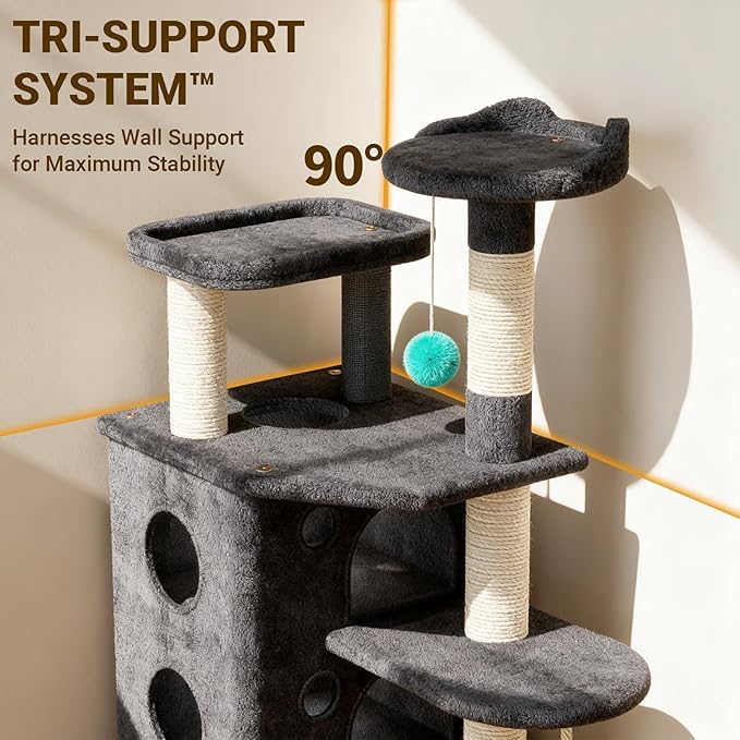 【Tank-Sturdy Tower】 PetDance Heavy Duty Cat Tree for Cats Fits Kittens to XL Maine Coons, Cat Tower with Scratching Posts, Cat Climber with 3 Spacious Hideaway, Dark Gray