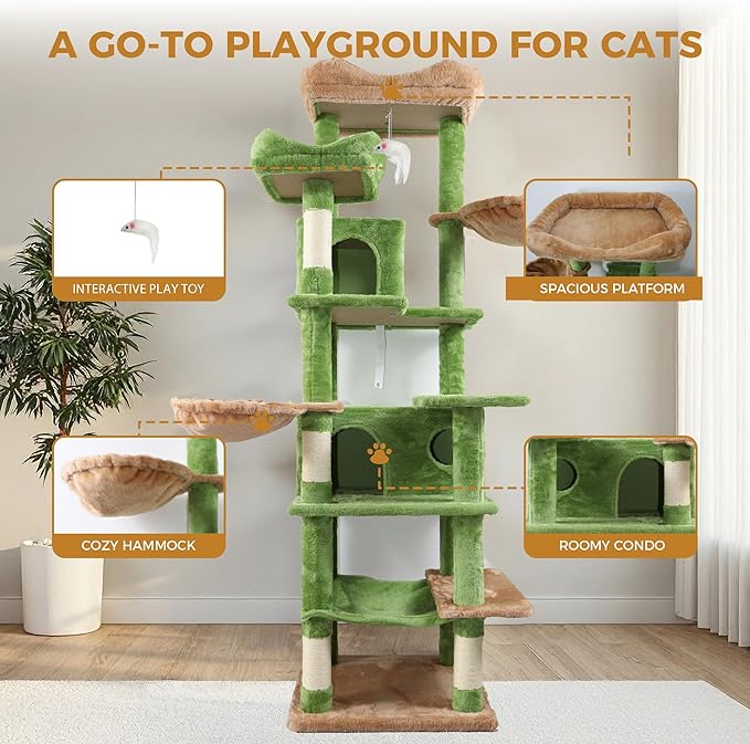 68-Inch Cat Tree Tower for Indoor, Multi-Level Furniture with 2 Hammocks, Cave & Scratching Posts, Plush Condo for Large Cats & Multi-Cat Households (Green-A)