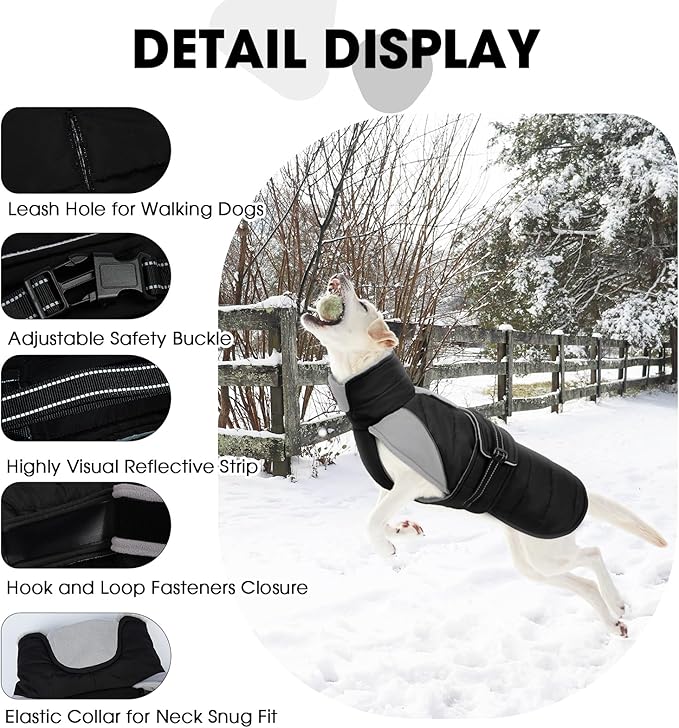Nanaki Large Dog Coat Rainproof-Warm Giant Breed Dog Jacket With Leash Hole, Fleece Lining Reflective Great Dane Winter Coat Doberman Jacket For Cold Weather Outdoor Walking Hunting, Camping,Black 3XL