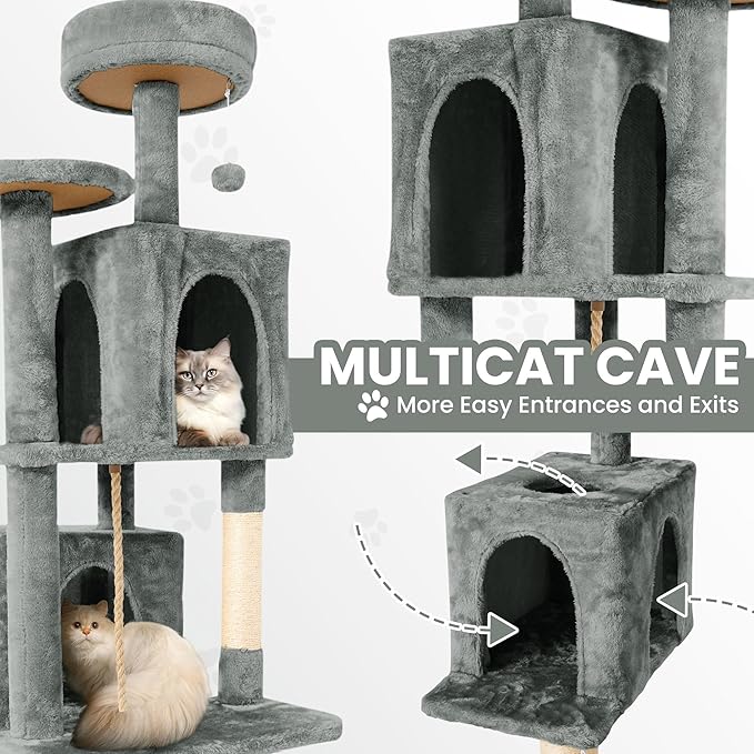 58.5inch Large Cat Tree Tower Condo for Indoor Cats, Soft Plush Multi-Level Climbing Tree Cat House with Cat Cave, Scratching Post, More Entrance/Exit, Sisal Rope, Grey