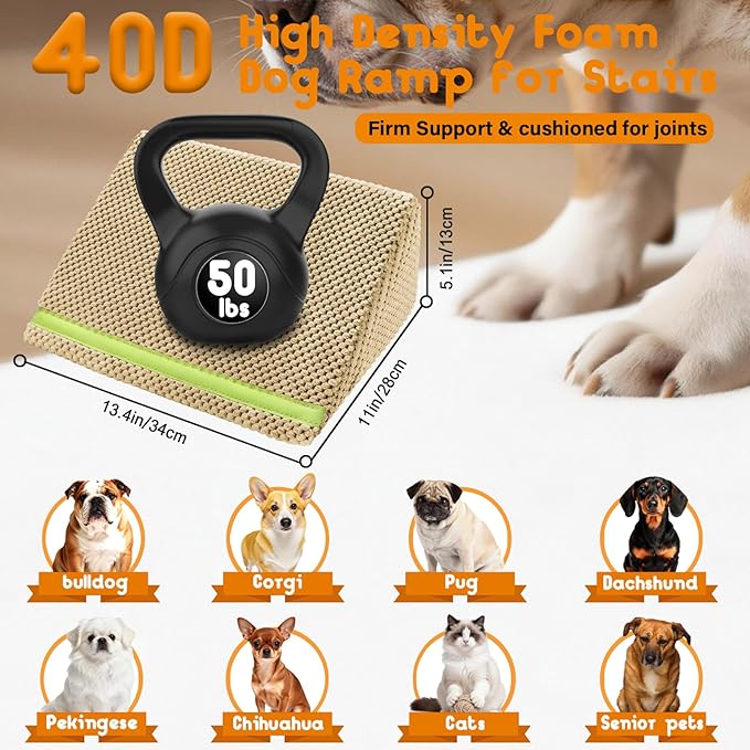 JoyBlooms Dog Ramp for Stairs for Small & Senior Dogs Cats, 40D Density Foam Gentle Slope Non-Slip Dog Stair Ramp with Glow Strip, Pet Ramp with Removable Washable Cover Brown-3pcs