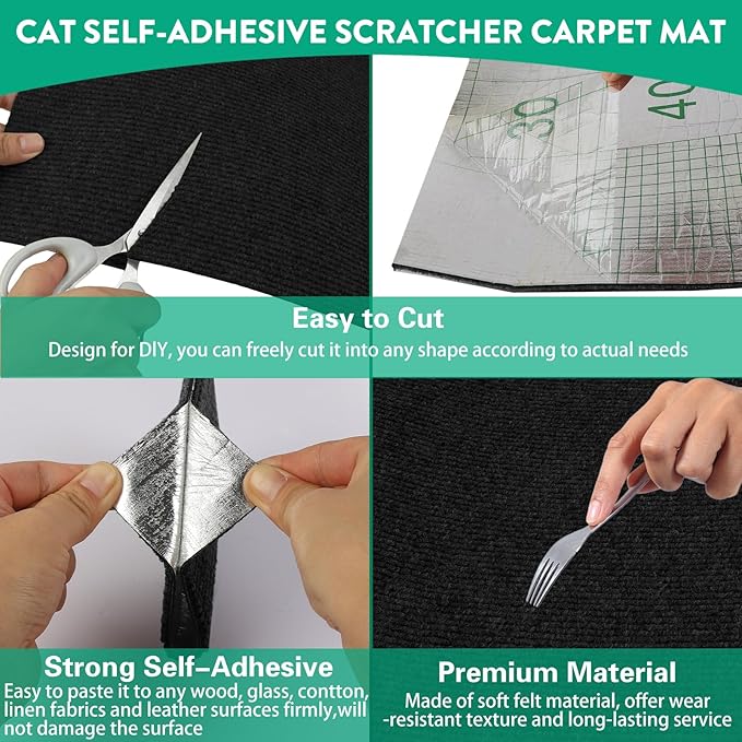 Trimmable Cat Scratcher Mat, Self-Adhesive Cat Scratching Carpet Pad Replacement for Cat Tree Shelves, Cat Steps and Posts, DIY Cat Scratch Couch Furniture Protector (Black, 39.4"x15.8")
