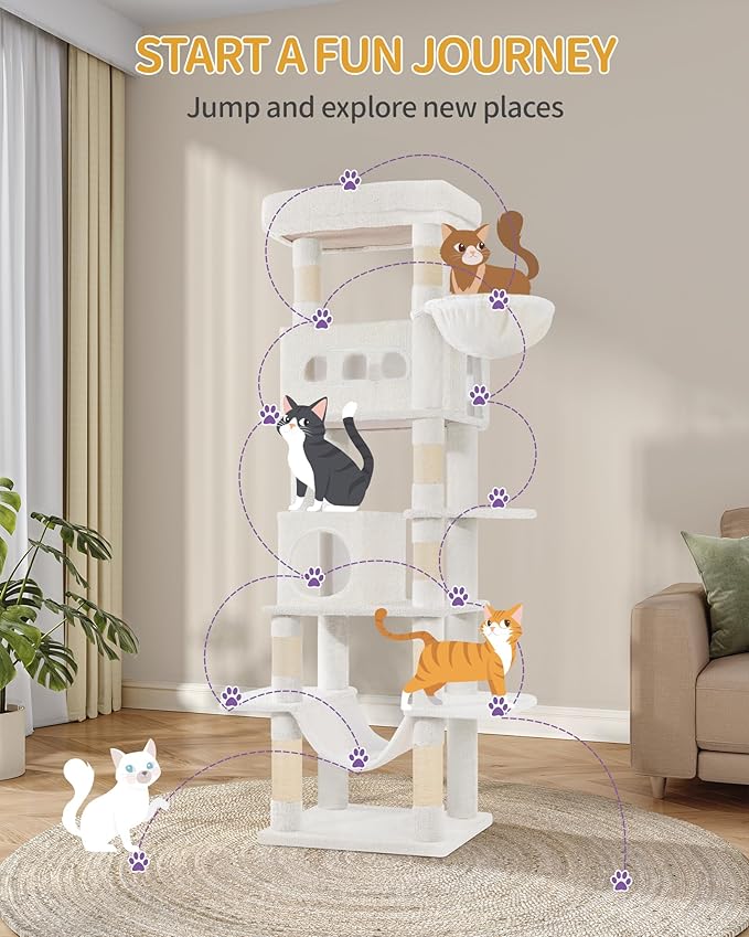 Cat Tree, 66.9" Large Cat Tower for Indoor Cats, Multi-Level Cat House with Condo, 8 Scratching Posts, Hammock, 4 Pom Poms, White MS17018WT
