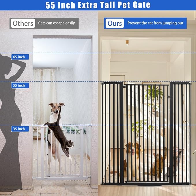 55 Inch Extra Tall Pet Gate for Cats,29.92"-48" Adjustable Wide Dog Gates,Pressure Mounted Walk Through Tall Pets Gate for Doorways,Hallway,Stairs(Black)