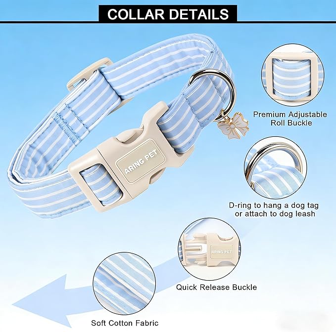 ARING PET Stripe Dog Collar, Cute Spring Summer Blue Stripe Pet Collars with Bow Charm for Puppy Small Medium Large Boy Girl Dogs-M, for Daily Outdoor Walking Training